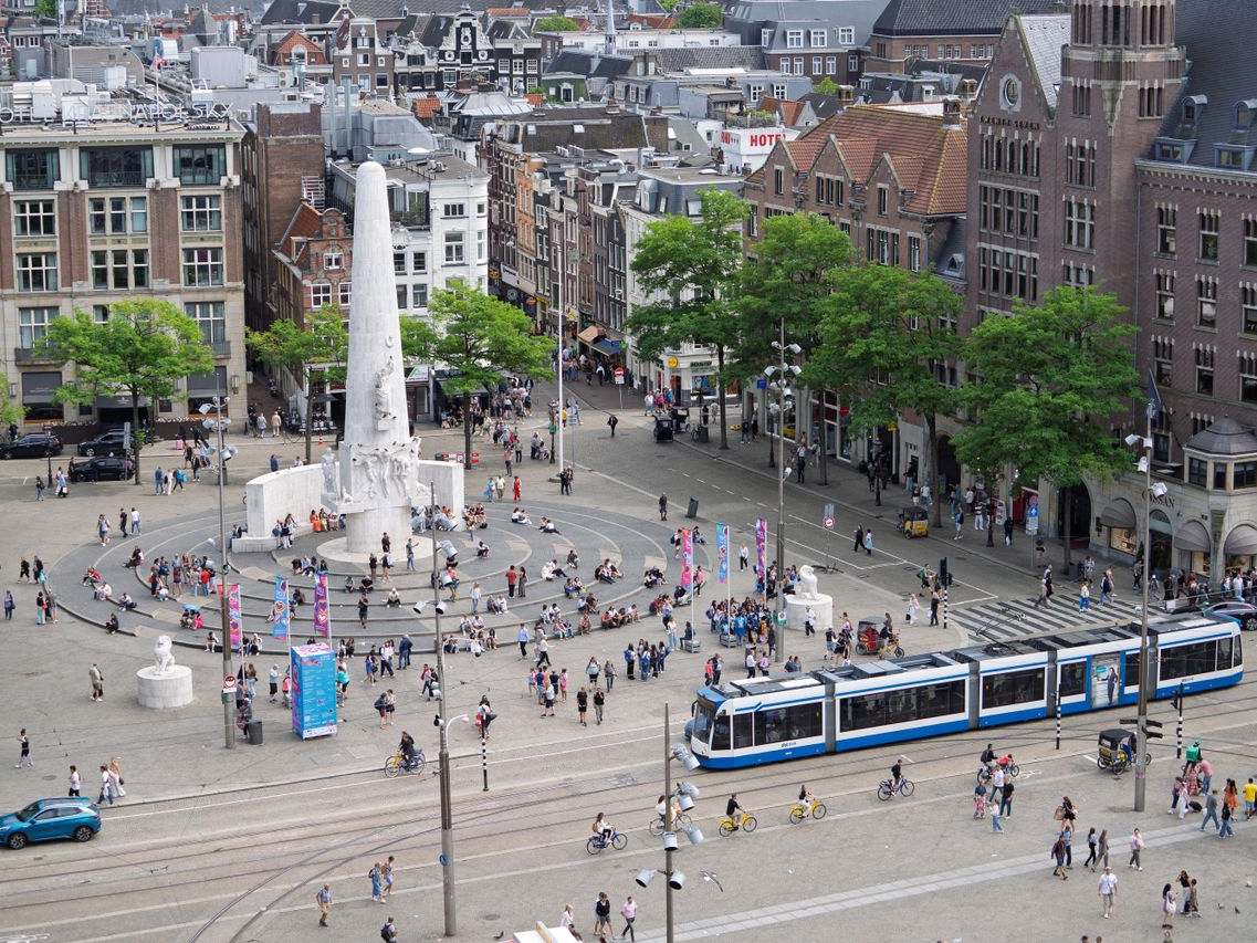 Dam Square and a tram in Amsterdam's historic city centre